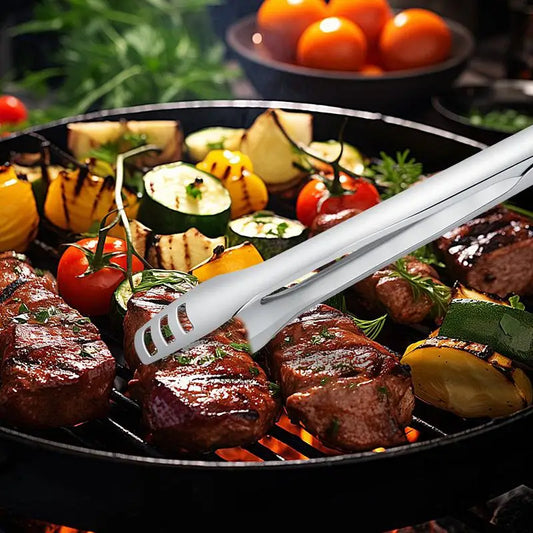 BBQ Tongs 12.5 Inch Grill Tongs Steak Clamp Stainless Steel Kitchen Utensils For Camping Outdoor Picnic Non-Slip Grip