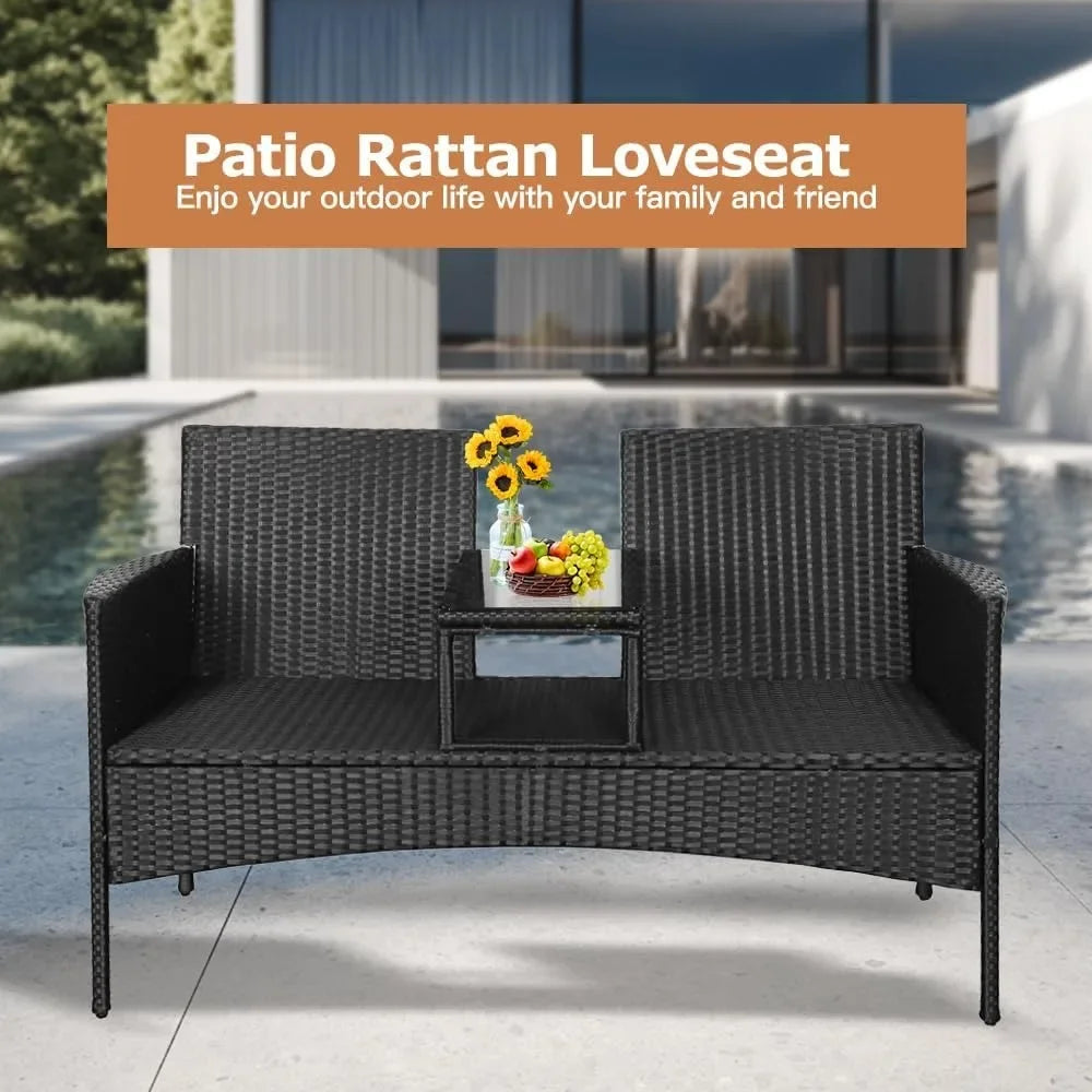 2 Seater Bench with Grey Cushions, Built-In Centre Glass Table Wicker Garden Furniture for Outdoor Balcony Poolside Bistro