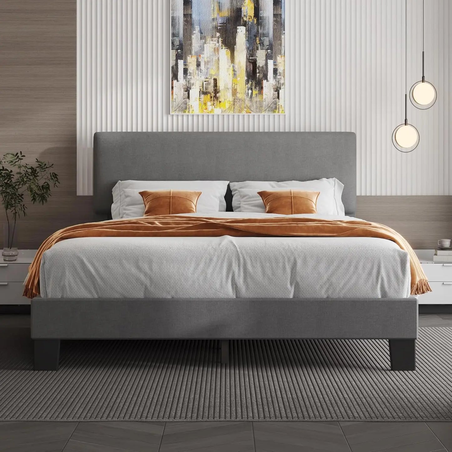 Queen Bed Frame with Headboard,Linen Upholstered Bed Frame with Wood Slats Support,No Box Spring Needed,Heavy Duty Feet