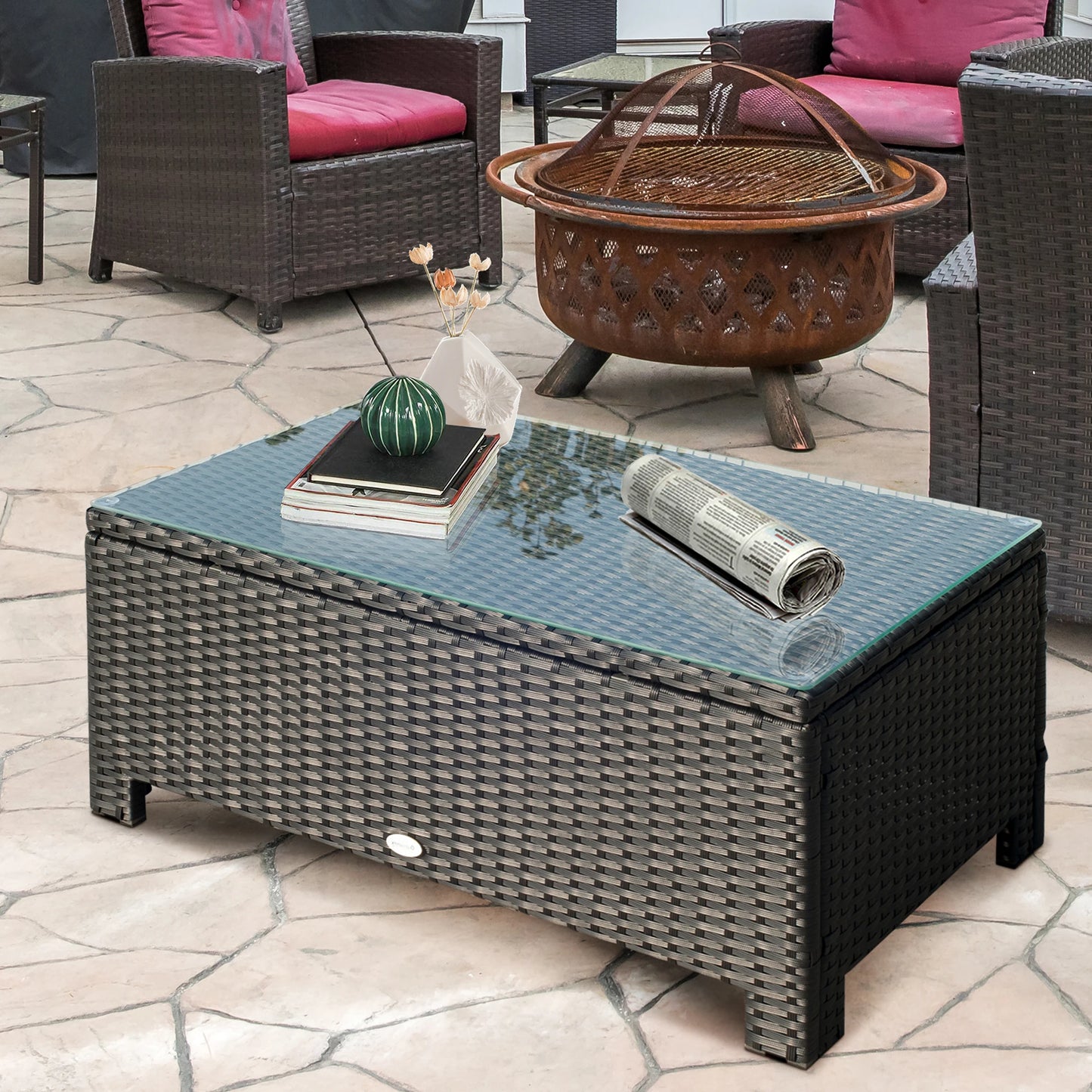 Rattan Wicker Coffee Table Patio Furniture w/ Glass Top Brown