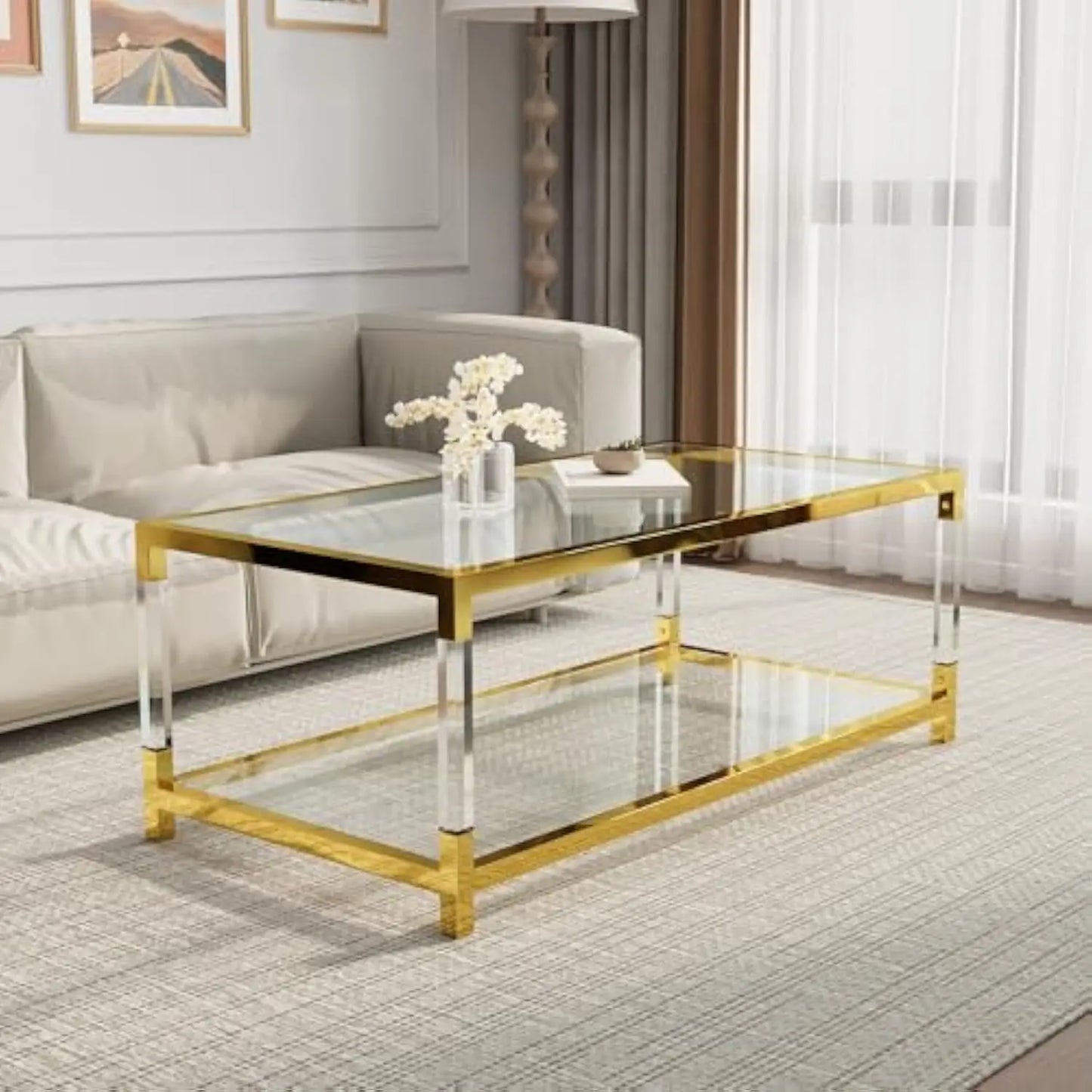 Glass Coffee Table, 47.2'' Modern Glass Table, Gold Stainless Steel & Acrylic Legs, Rectangular Center Table,Glass Top & 2-Tier