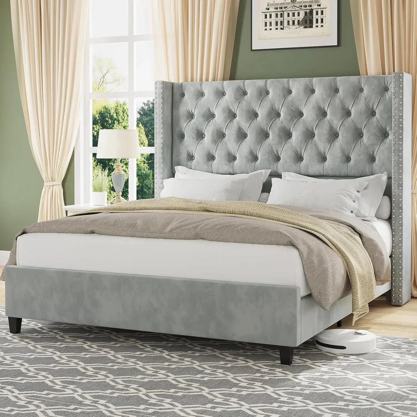 Upholstered Bed Frame with Tall Headboard Wingback Platform Bed Tufted Deep Button Velvet/No Box Spring Needed/Easy Assembly