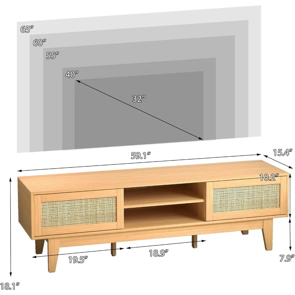 TV Stand for 55 65 Inch TV, Rattan Entertainment Center with Shelves, Cabinets and Sliding Doors, TV Media Console Table