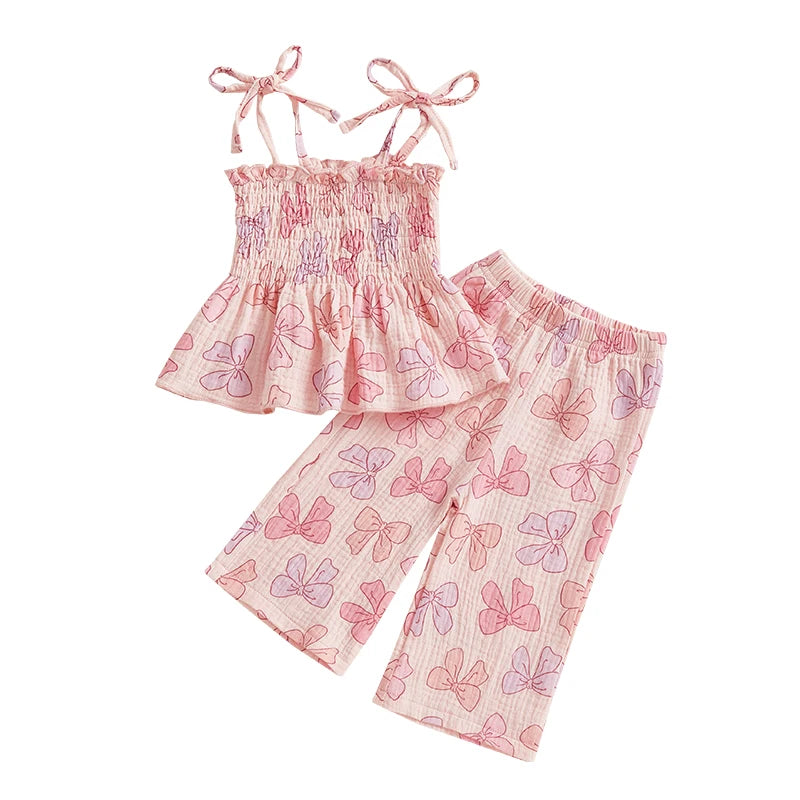 2025-01-02 Lioraitiin Summer Toddler Kid Baby Girl Clothes Set Sleeveless Lacing Strap Camisole Elastic Waistband Pants Outfits