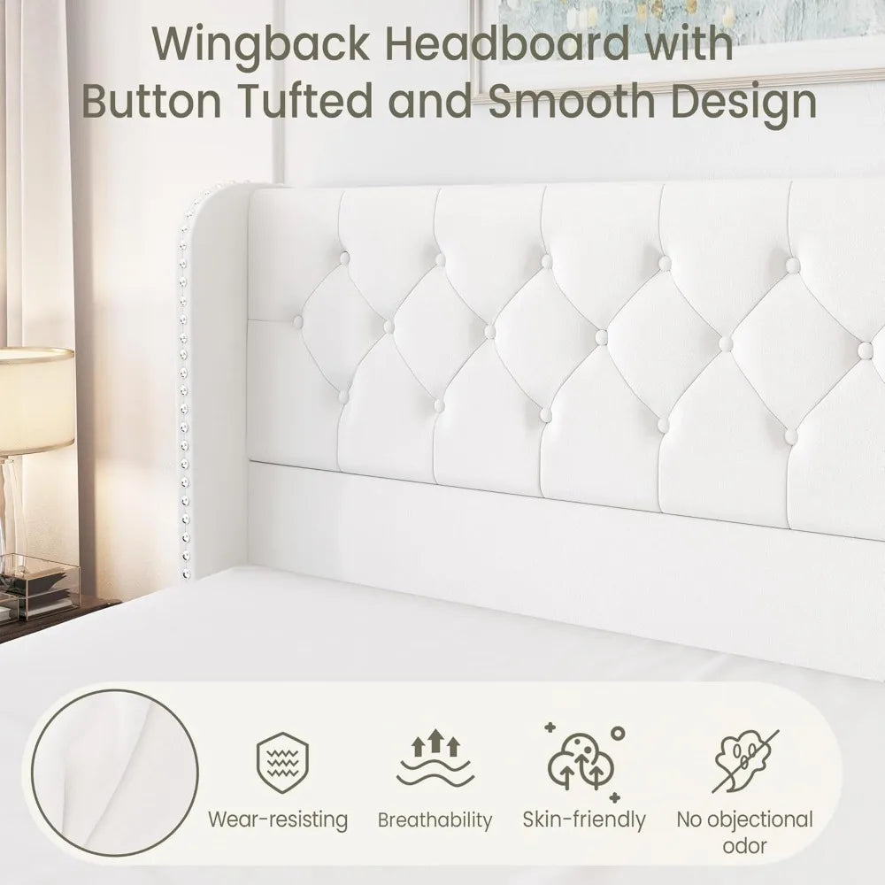 King Size Bed Frame with 4 Storage Drawers and Wingback Headboard Velvet Upholstered Platform Bed Frame Tufted Beds with Wooden