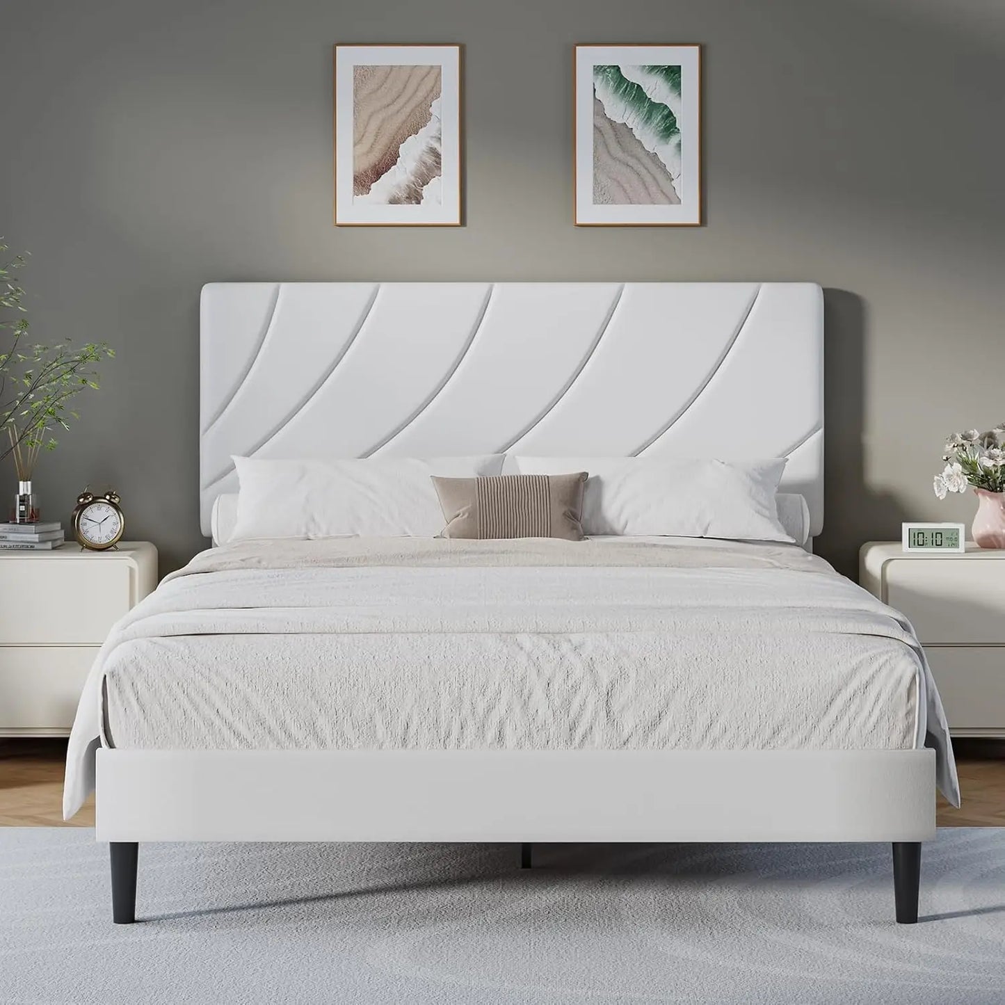 Queen Bed Frame, White Queen Upholstered Bed Frame with Shell Shaped Headboard, Wood Slats Support, PU Leather,