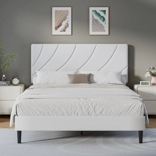 Queen Bed Frame, White Queen Upholstered Bed Frame with Shell Shaped Headboard, Wood Slats Support, PU Leather,