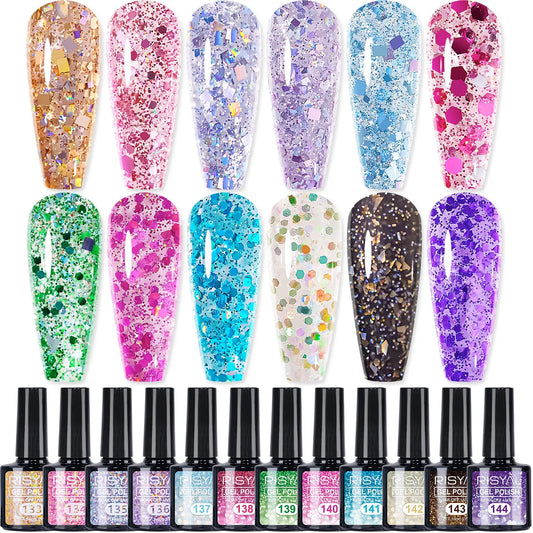 Glitter Sequins Gel Nail Polish Sparkly Shiny Pink Yellow Blue Green Gel Nail Polish Set Soak Off U V Nail Gel Nail Art Manicure