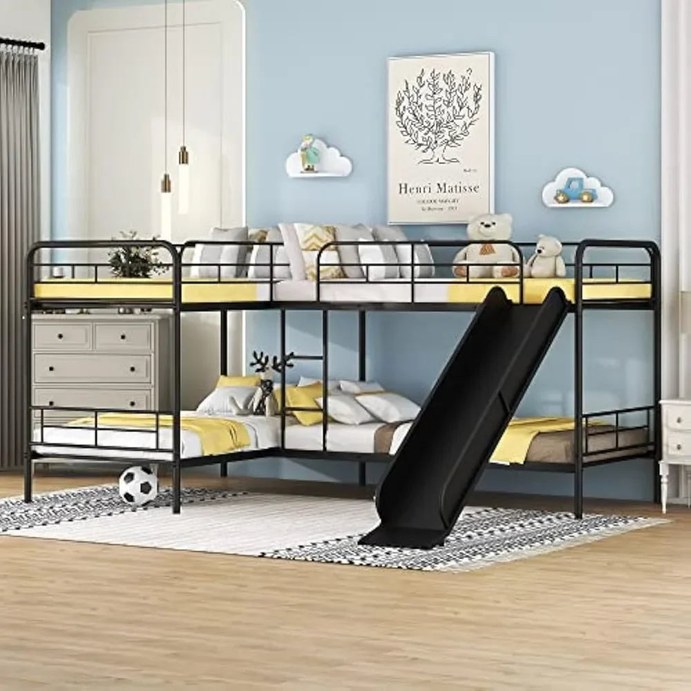 Quad Bunk Bed with Slide, L Shaped Bunk Bed for 4, Twin over Twin Metal Bunk Frame for Kids Teens Girls Boys Beds