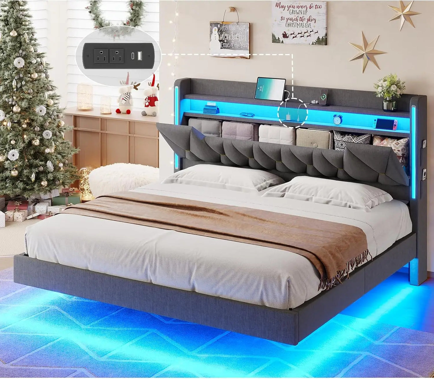 Floating Bed Frame King Size with Hidden Storage Space and Headboard, LED Lights & Charging Station, Platform Floating King Bed
