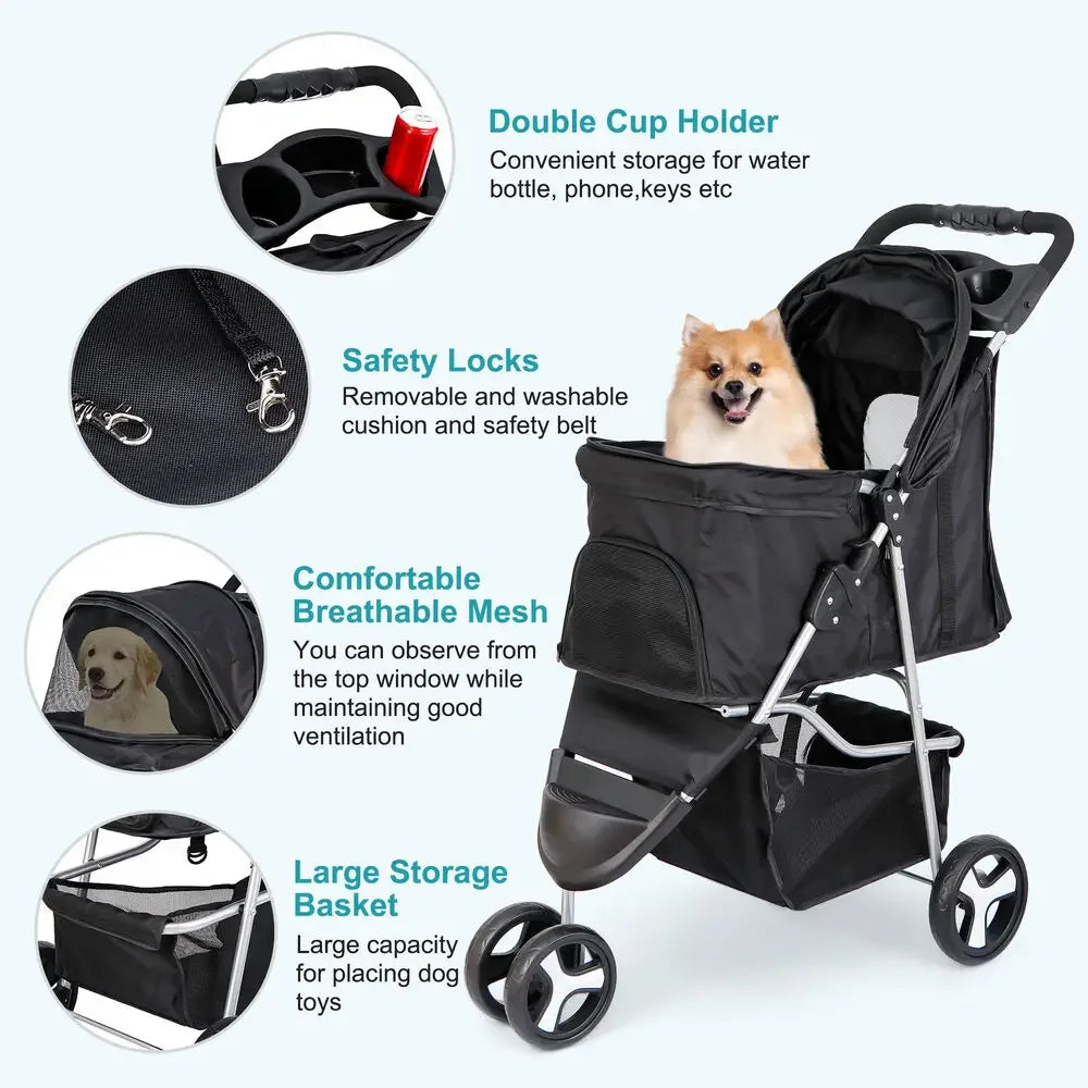 3 Wheels Travel Pet Stroller for Dogs and Cats Easy to Walk Foldable Stroller