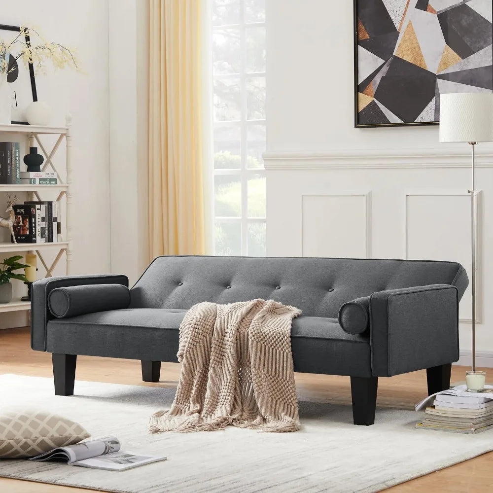 Convertible Futon Sofa Bed,Upholstered Futon Couch Fabric Sleeper Sofa with Pillows for Living Room,Gray