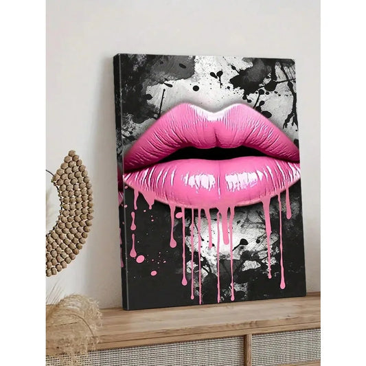 1pc Canvas Wall Art,Dramatic Rosy Lips Graffiti w/Dripping Paint,Solid Wood Frame(Optional),Ready to Hang,Urban Vibe
