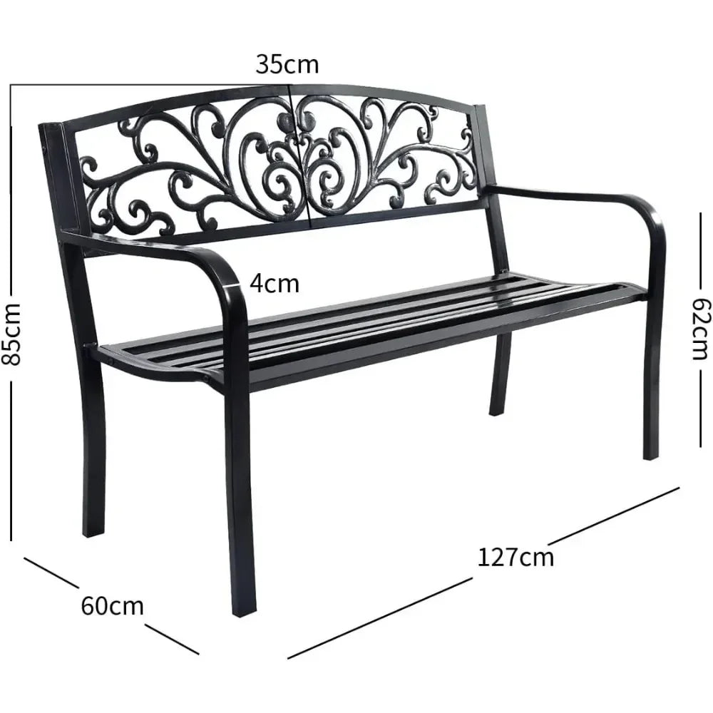 2 Seater Garden Bench, Decorative Pattern Iron Park Chair Seat, Outdoor Leisure Loveseat for Garden,  Patio,  Park,  Yard