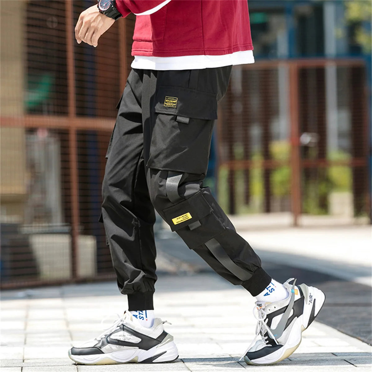 Men's Cargo Pants Casual Hip Hop Hit Color Multiple Pockets Trousers Streetwear Ribbons Techwear Sweatpants Boys