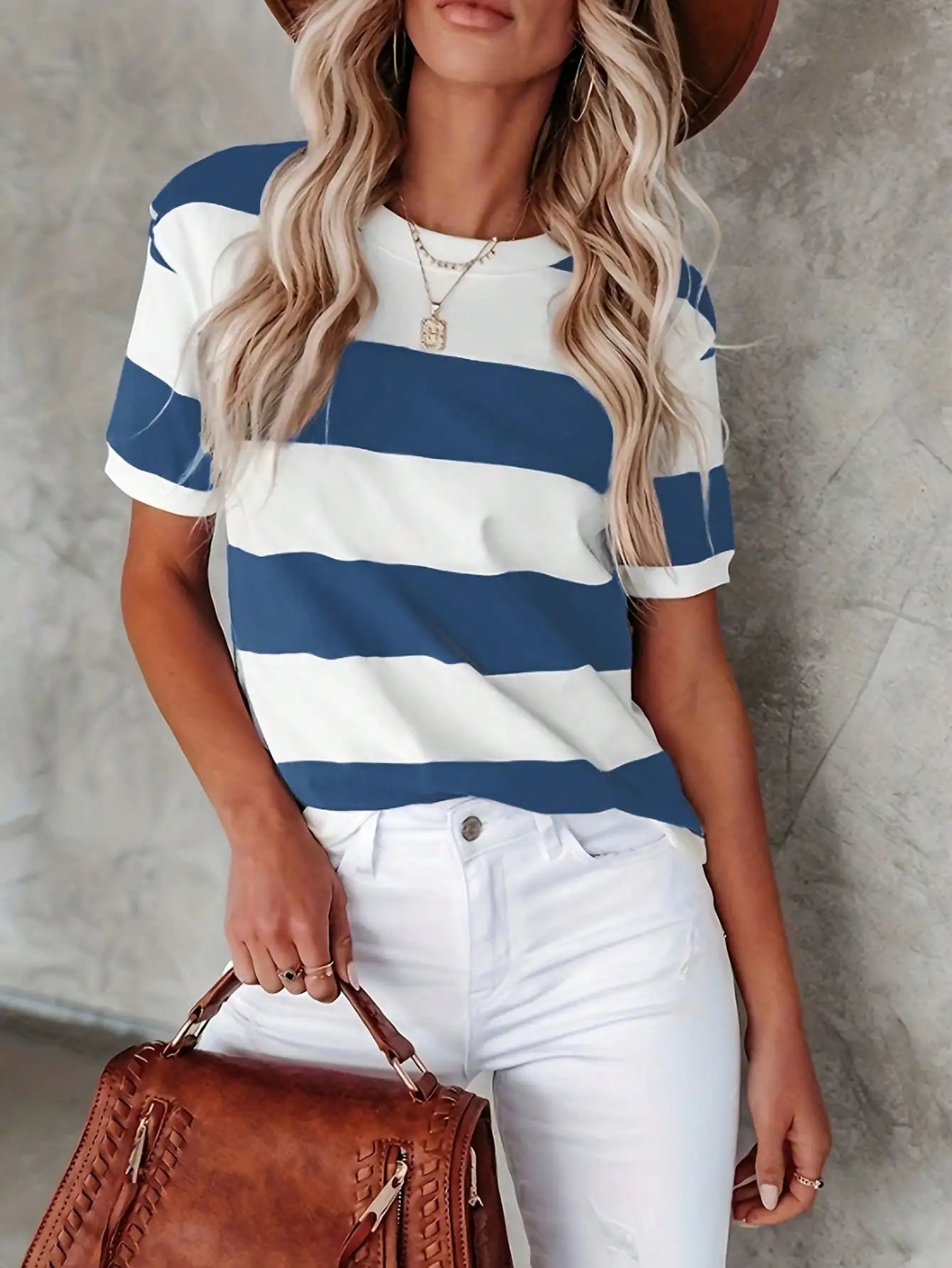 Women's Striped Printed Round Neck Short Sleeve Casual T-Shirt, summer outfits for women,leisurely tops for women summer clothes