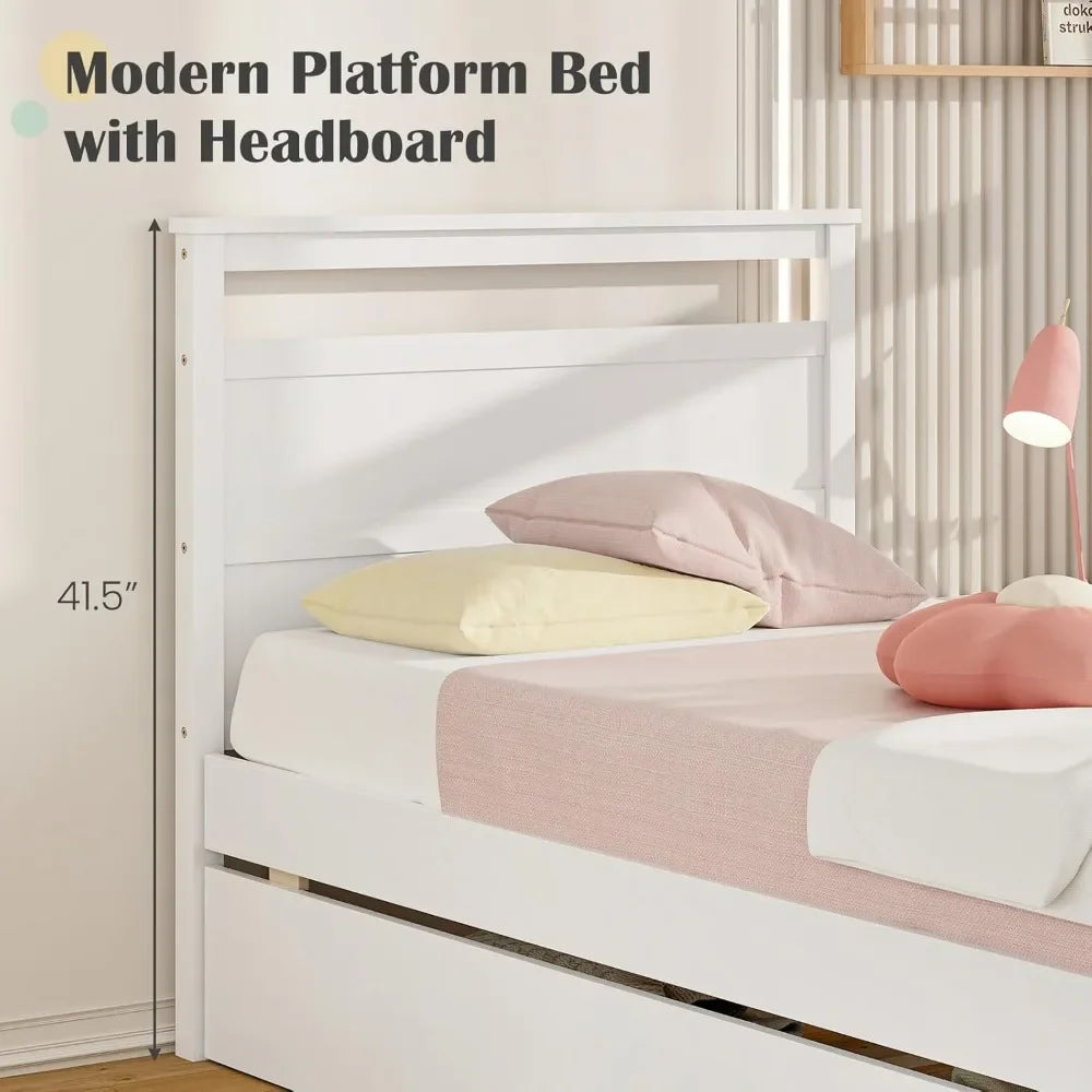 Wood Twin Bed with 2 Storage Drawers, Solid Wood Platform Bed with Headboard, Single Bed Wooden Slats Support