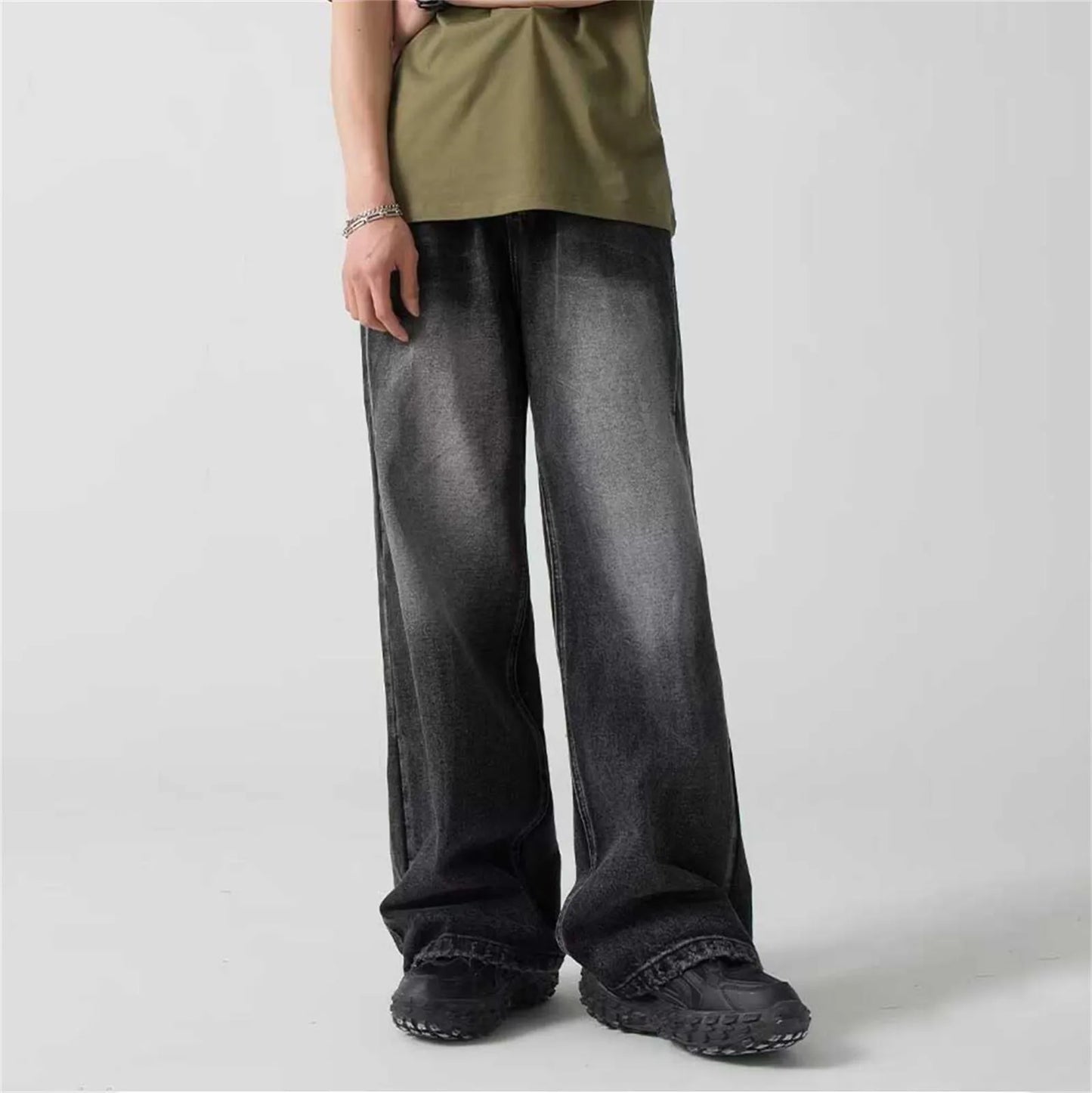 Baggy Jeans Men Distressed Denim Wide Leg Pants Pleated Oversize Hip Hop Trousers Male Korean Streetwear Men Clothing