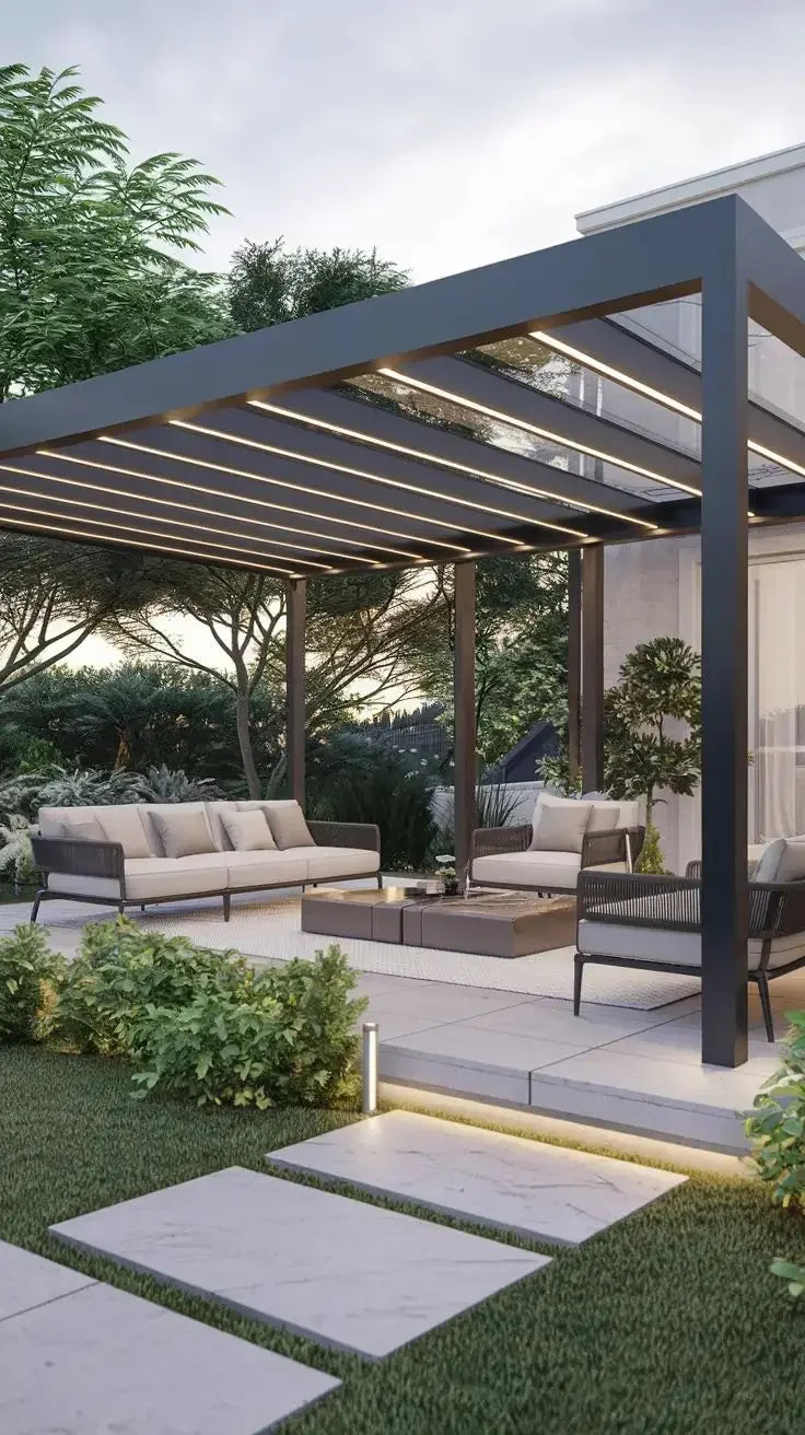 Patio Gazebo with LED Light Opening Louvered Garden Pergola Top Cover Awnings Automatic Retractable Aluminum Outdoor Pergolas