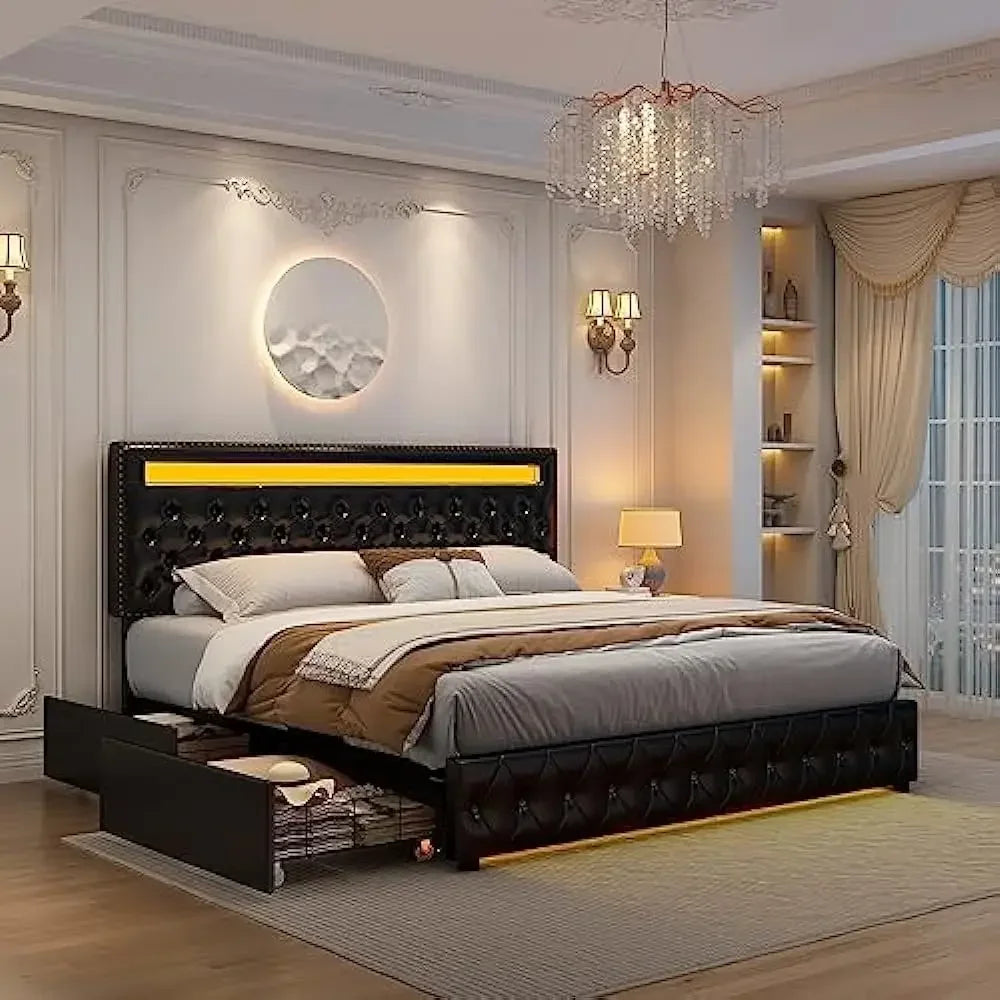 LED Queen size Bed Frame with 4 Storage Drawers, Headboard Footboard, Control DIY Color, Box Spring Optional, Bed Frame