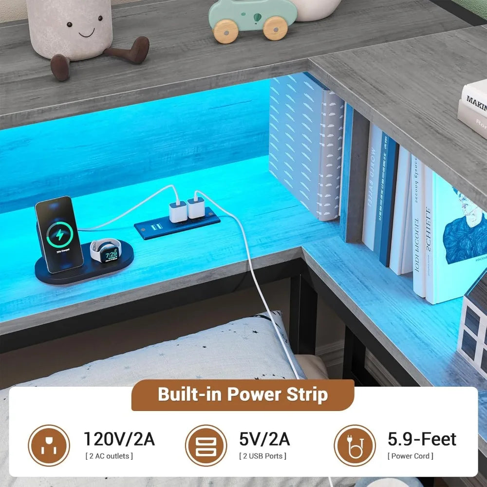 Corner Bed Frame with Storage Bookcase, Twin Daybed with Storage Drawers Underneath, Kids Bed Unit with Charging Station