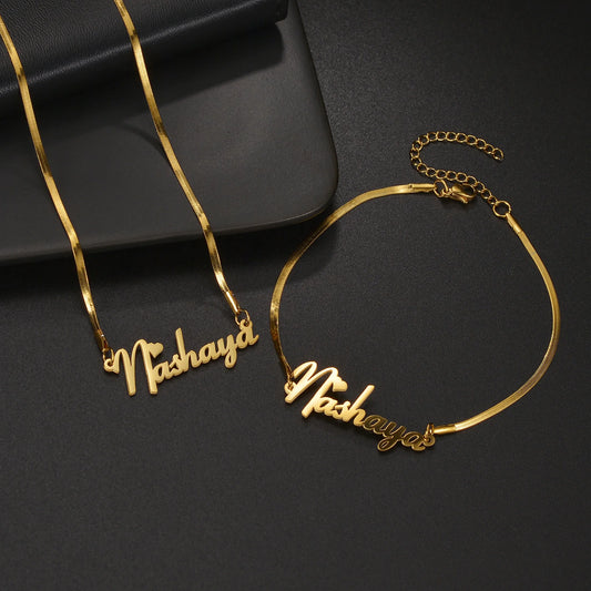 Acheerup Peraonalized Name Jewelry Set for Women Kids Stainless Steel Custom Blade Chain Choker Necklace Bracelet Birthday Gift