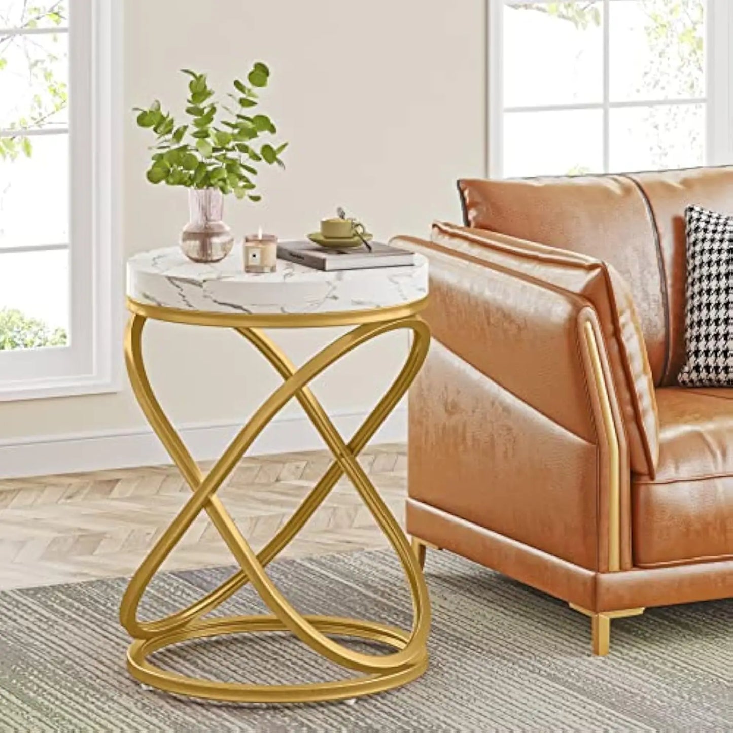 26 Inches White and Gold Faux Marble Top End Tables Living Room, Round Nightstands Sofa Side Table with Double X-Shaped Ring U