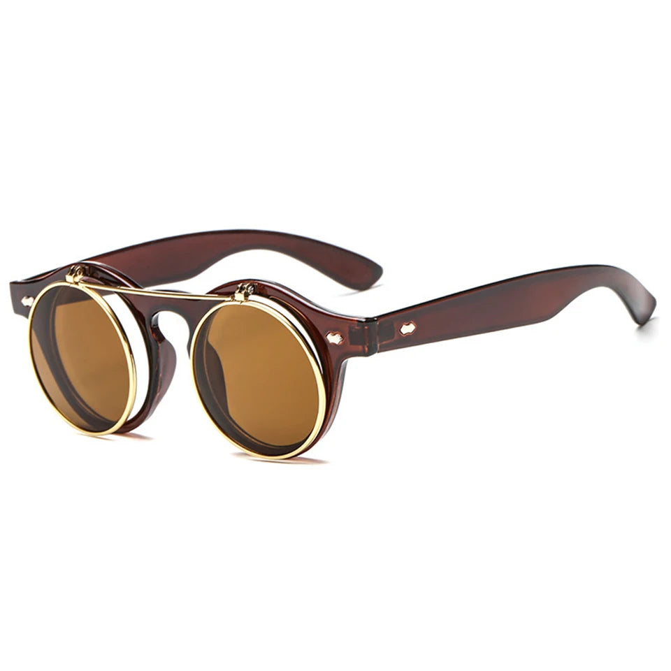 BEGREAT Small Round Double Bridges Sunglasses for Men Women Retro Punk Vintage Flip Lens Shades UV400 Men Rivets Sun Glasses