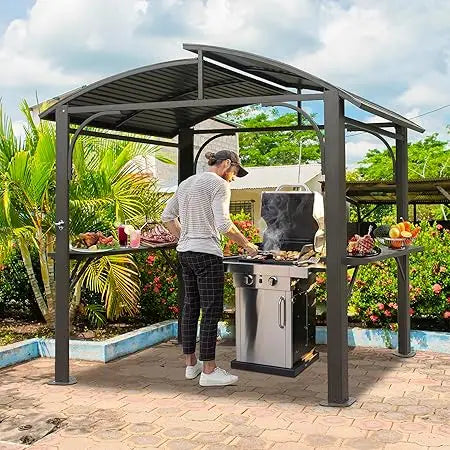 Domi Hardtop Grill Gazebo 8x5FT, Grill Canopy for Outdoor Grill w/Double Galvanized Steel Roof and 2 Side Shelves, BBQ Gazebo Gr
