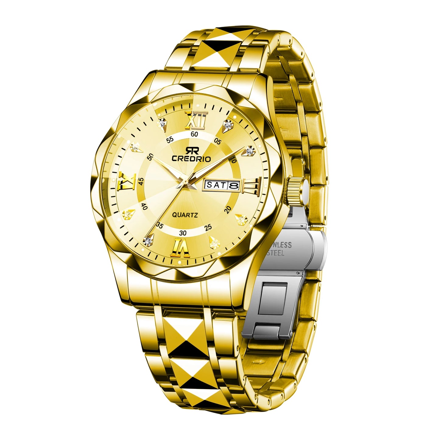 CREDRIO Men's Watches    Men's Rhinestone Luxury Luminous Waterproof Dual Calendar Week Quartz Movement Fashion Business Watch