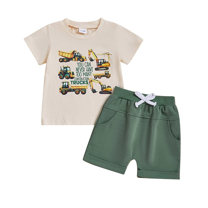 Boys Summer Outfit Sets with Short Sleeve O Neck Truck Print Tops and Solid Color Shorts - Casual and Cool Summer Wear for Boys