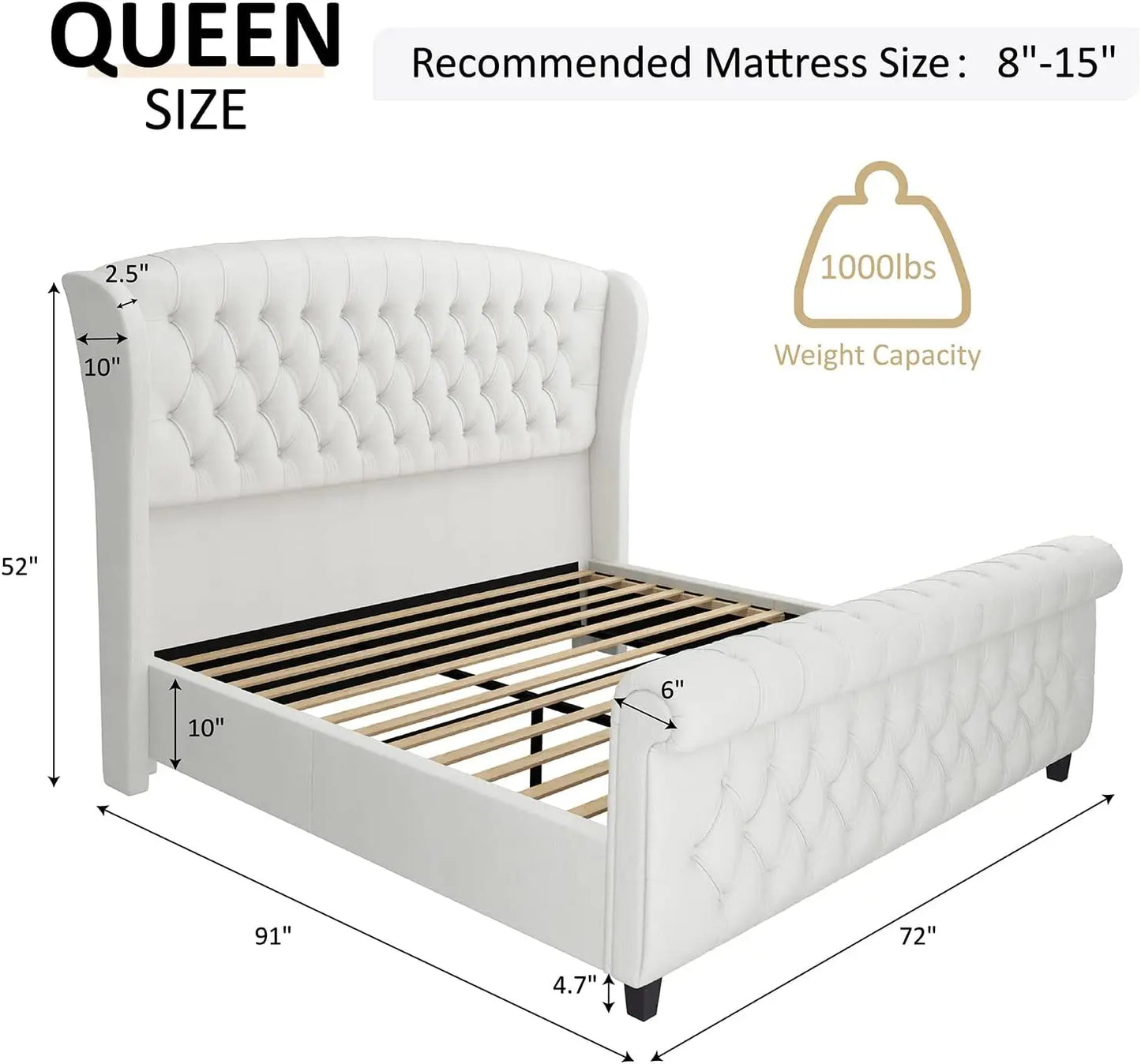 AMERLIFE Queen Size Platform Bed Frame, Chenille Upholstered Sleigh Bed with Wingback Headboard, No Box Spring, Cream