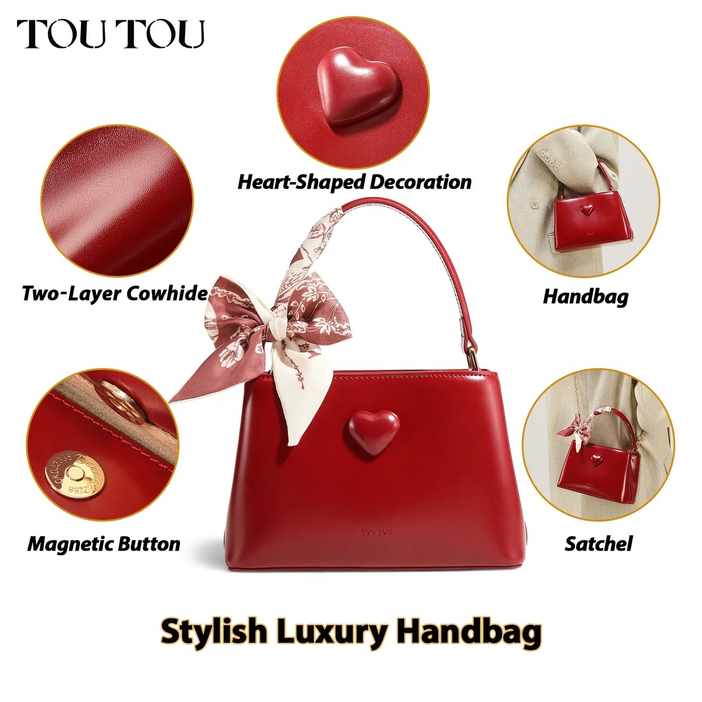 TOUTOU Women Handbag with Adjustable Strap Cowhide Wedding Bag Female Brides Daily Commuting Love One Shoulder Crossbody Red Bag