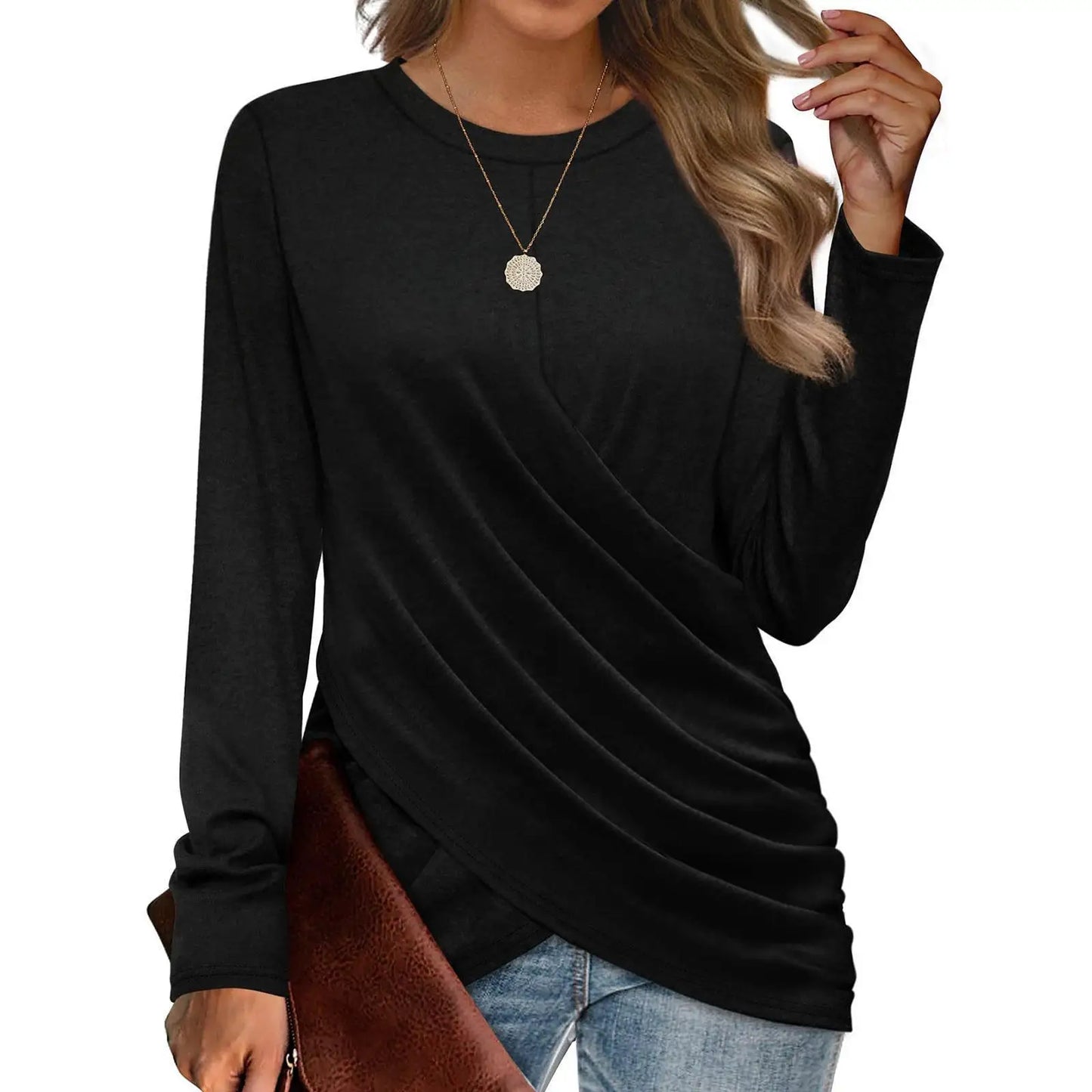 Women's Clothing 2024 Autumn Winter New Solid Color T-shirt Casual Round Neck Cross Pleated Loose Long Sleeved Top