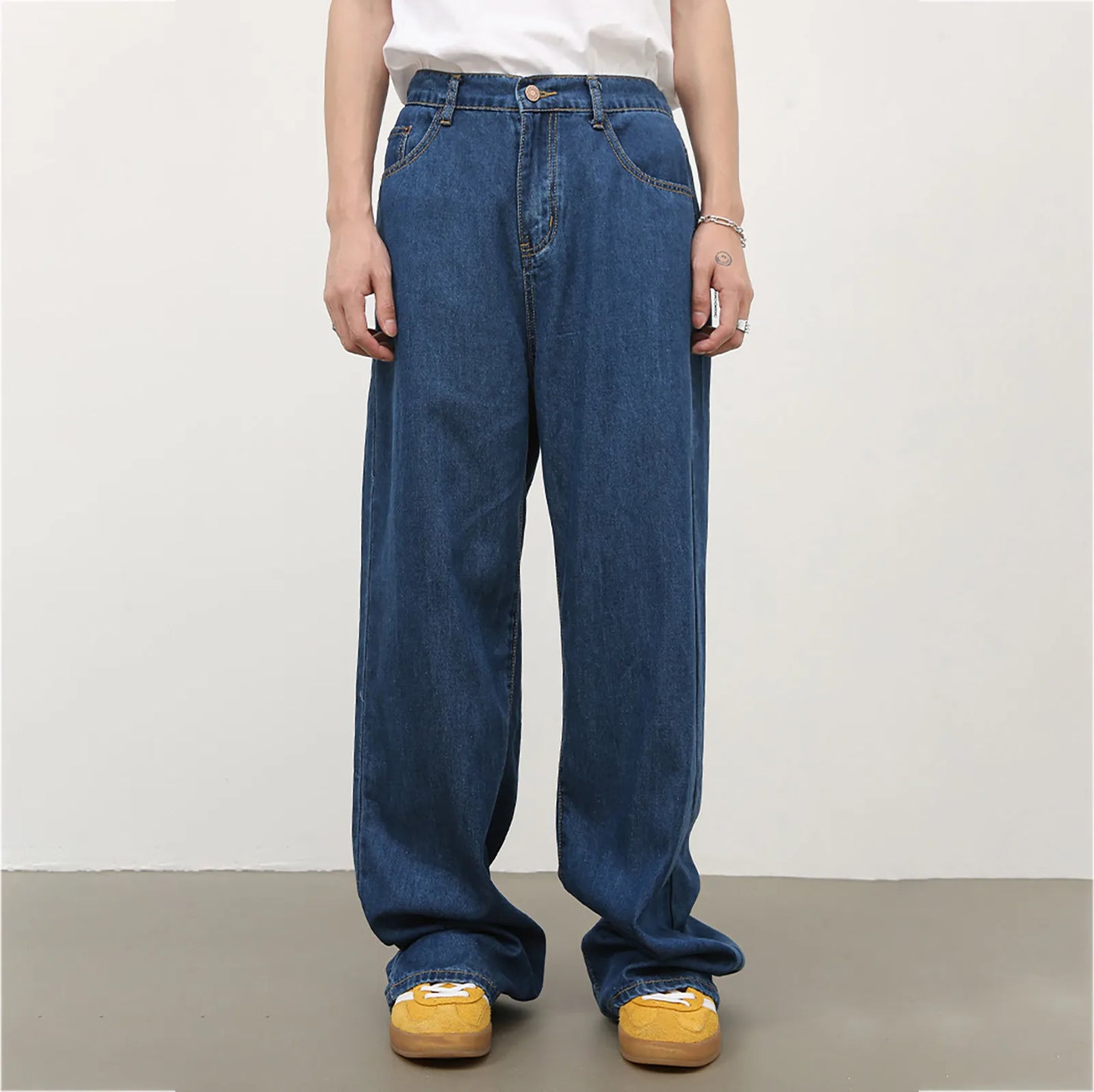 Vintage Simple Style Men's Jeans Fashion Washed Casual Wide Leg Denim Pants Autumn Winter Retro Loose Male Trousers Blue Jeans
