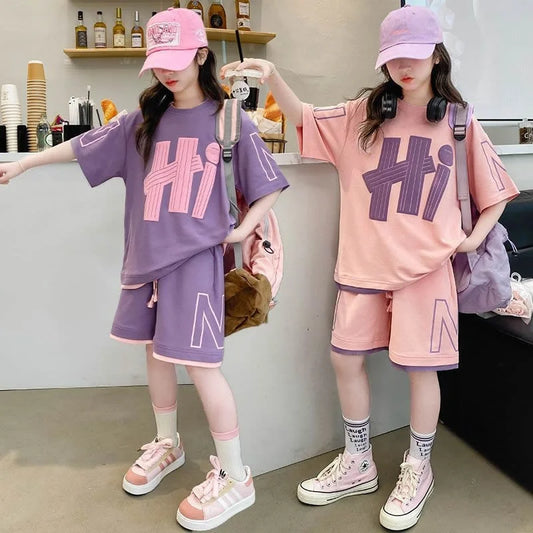Summer Girls T-Shirts Sets Outfit New Kids Short Sleeve Tops+Shorts 2Pcs Children Clothes Teen Loose Casual Suits Sporty Outfits