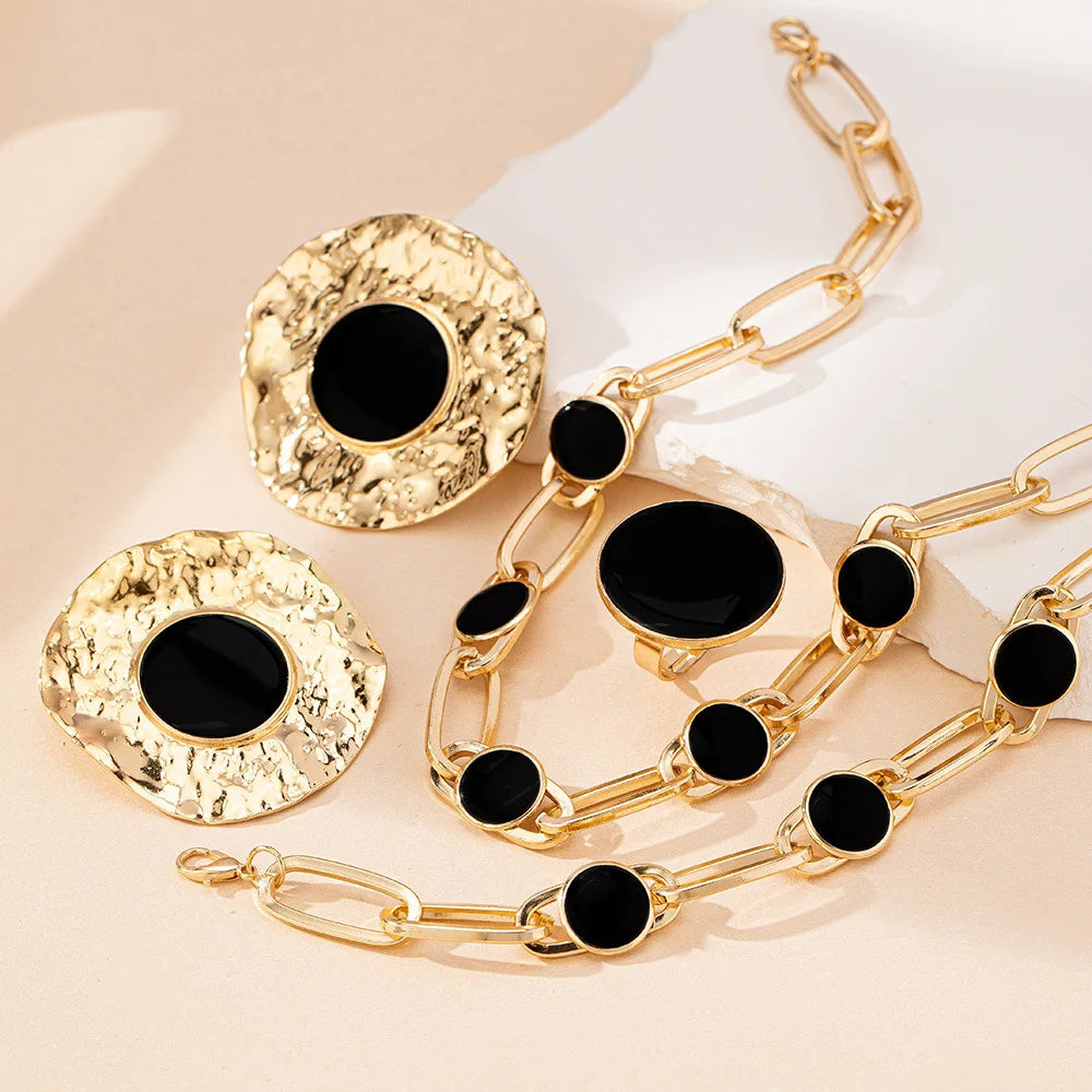 4 PCS Jewelry Set Big Black Disc Round Chain Resin Charm Choker Necklace Bracelet Gold Color Metal Earring Ring Statement Gifts