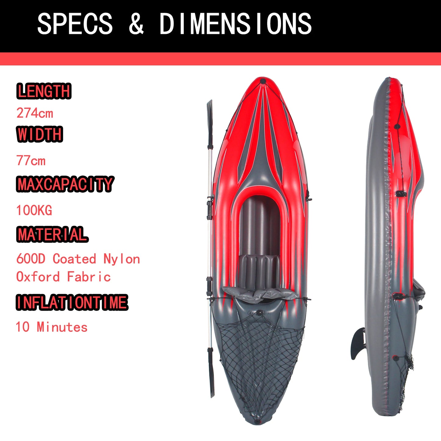 Inflatable Red Kayak Fishing Boat 1 Person Adult Canoe, with Paddles, Bag, Seats, High-Output Pump, Fin, for Lakes & Rivers