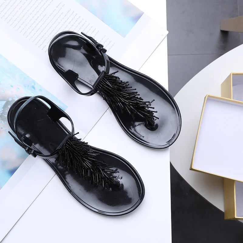 Women's Shoes Flip-flops Sandals for Woman Black Footwear Plastic with Low Heels Summer 2025 Crystal Pvc