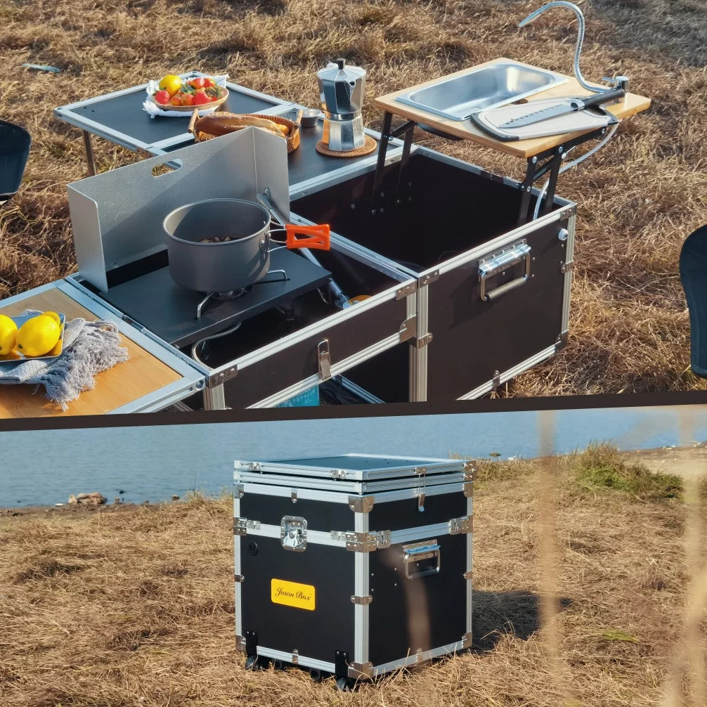 Outdoor mobile kitchen, car mounted multifunctional small kitchen box, camping picnic stove, barbecue folding table with wheels