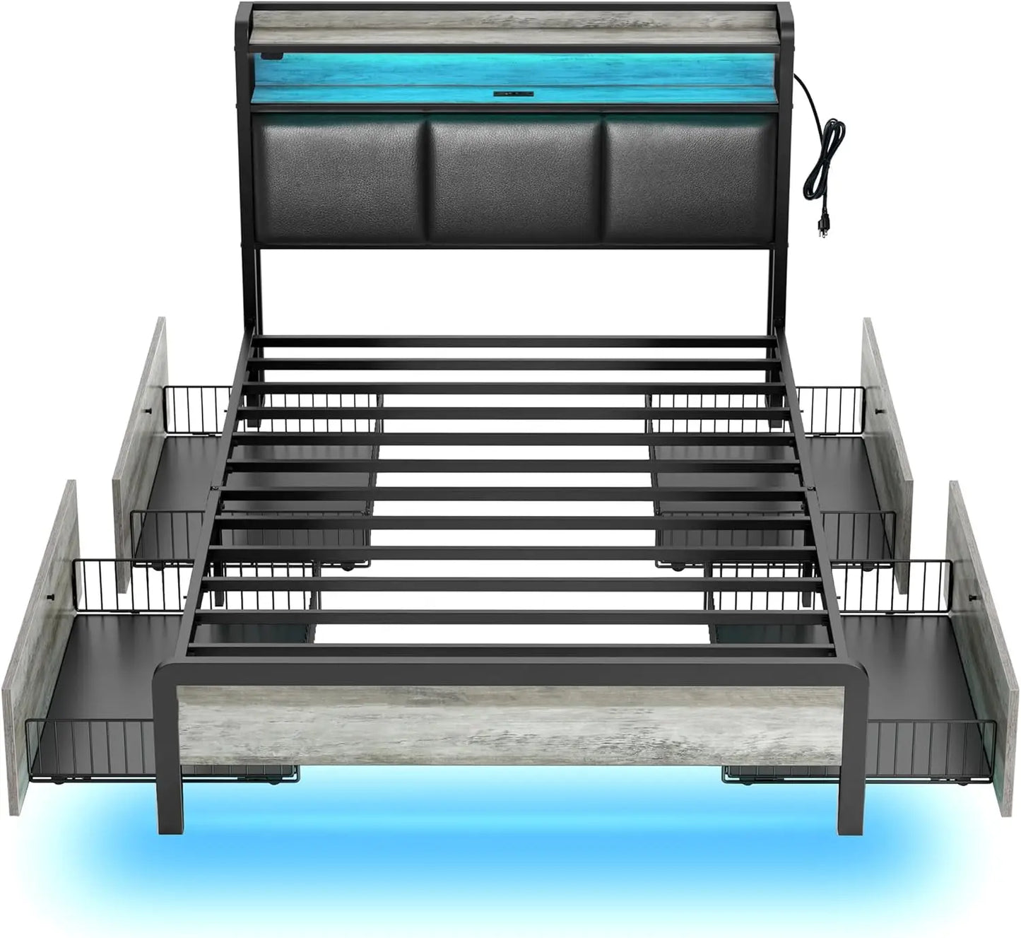 Bed Frame with Charging Station and LED Lights, Upholstered Storage Headboard with Drawers, Heavy Duty Metal Slats