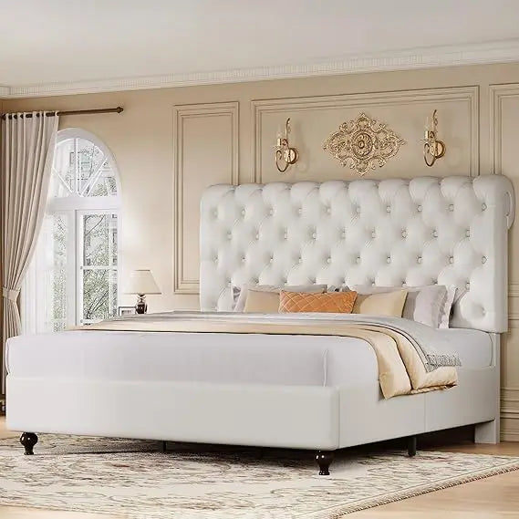YITAHOME Queen Size Platform Bed Frame with 60" Tall Wingback Headboard and Footboard, Velvet Upholstered Bed with LED Light, So