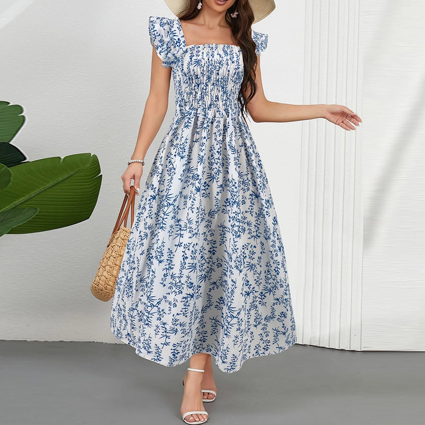 Women Floral Pleated Dress Ruched Chic Midi Dress Short Sleeve O-neck Casual Summer Boho A Line Beach Dress Women