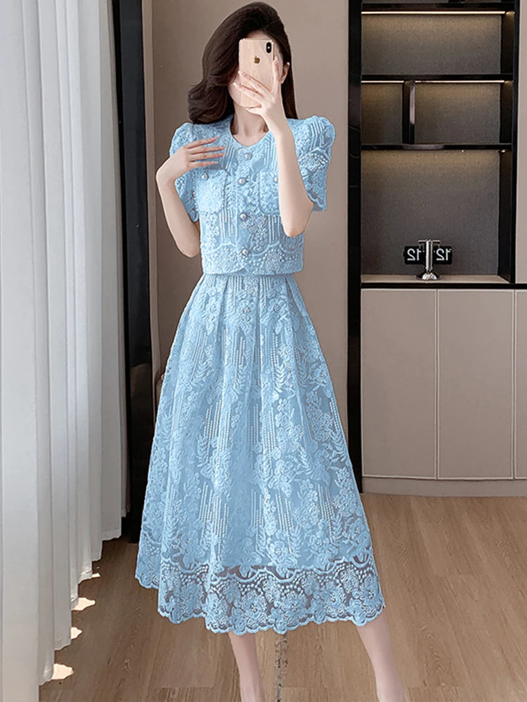 2024 Summer New Embroidery Lace 2 Piece Set Chic Women Beaded Flower Single Breasted Short Top + A Line Midi Skirt Suits High Qu