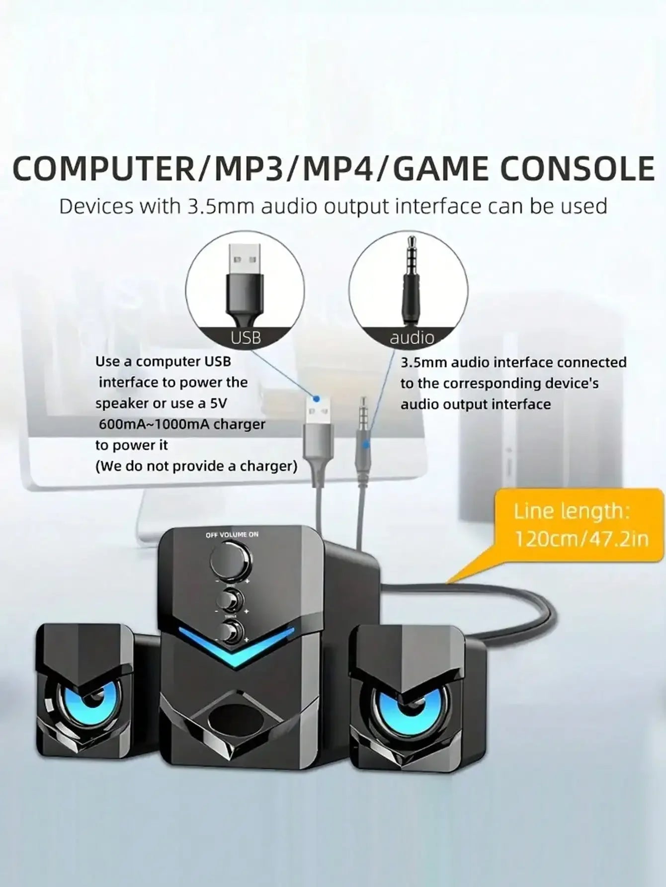 Computer, laptop, speaker, USB powered 3.5mm audio interface suitable for devices with 3.5mm audio interface