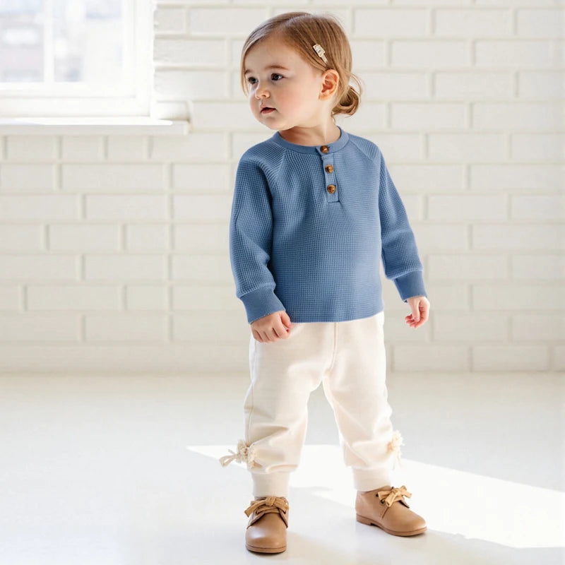 Infant Toddler Boy Autumn Outfit Solid Color Long Sleeve Waffle Knit Pullover Shirt Round Neck Casual Top for Fall