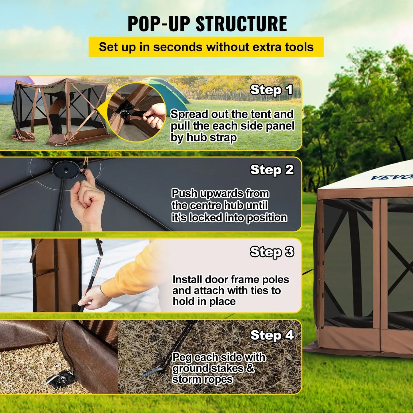 Waterproof Screen Shelter 8 Person Camping 10'x10' w/Portable Storage Bag Camping Gazebo Tent 6 Sided Pop-up Canopy Screen Tent