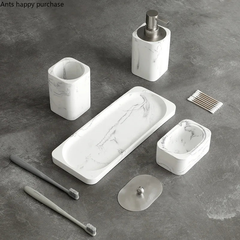 Bathroom Four Piece Set Resin Marble Bathroom Set Wash Sets Lotion Bottle Mouthwash Cup Cotton Swab Box Tray Soap Dispenser