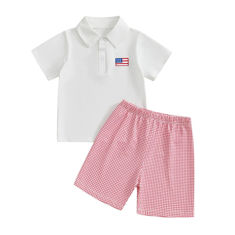 Toddler Boy Independence Day Clothing Set Short Sleeve Lapel Shirt Plaid Shorts Outfit 4th of July Baby Clothes
