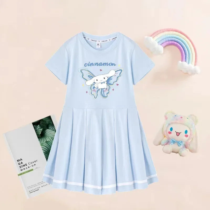 Sanrio Kuromi Girls Fashion Short Sleeve Dresses Summer Cute Cinnamoroll Melody Print Princess Dress Kids Birthday Clothes